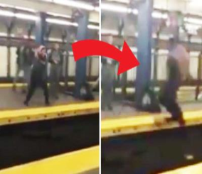 “فيديو” شاهد لحظة قيام امرأة بمحاولة فاشلة للقفز من فوق سكة قطار