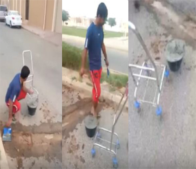 “فيديو” شاهد مواطن ونجله يعملان على ترميم مطب بحي النهضة بالبدائع