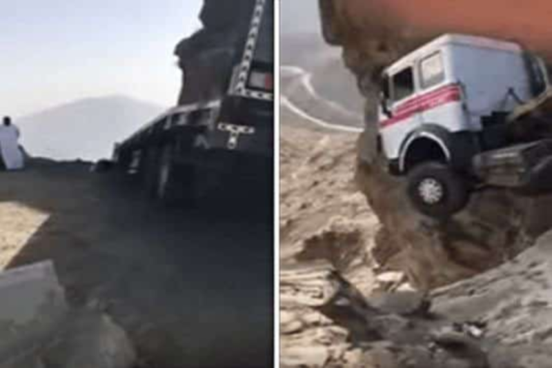 “بالفيديو” شاهد شاحنة علقت فوق جبل “عقبة الصفيحة” جنوب الطائف
