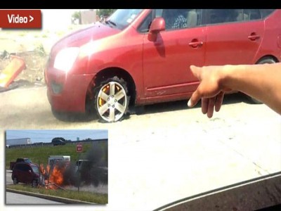 “فيديو” أمراة تقود سيارة طول الطريق وعجلاتها مشتعلة بالنيران!
